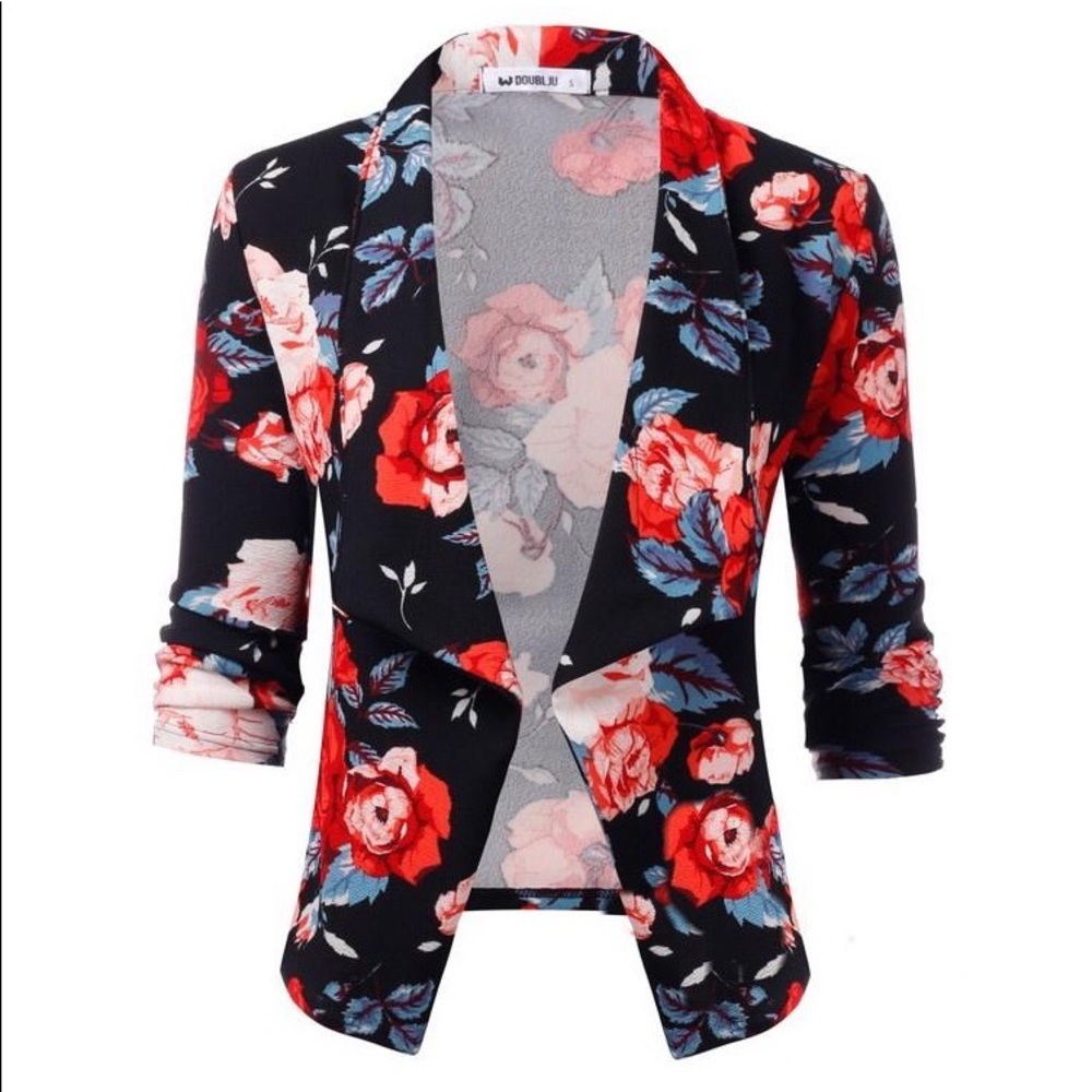 Black Curvy Floral Print Open Front Blazer